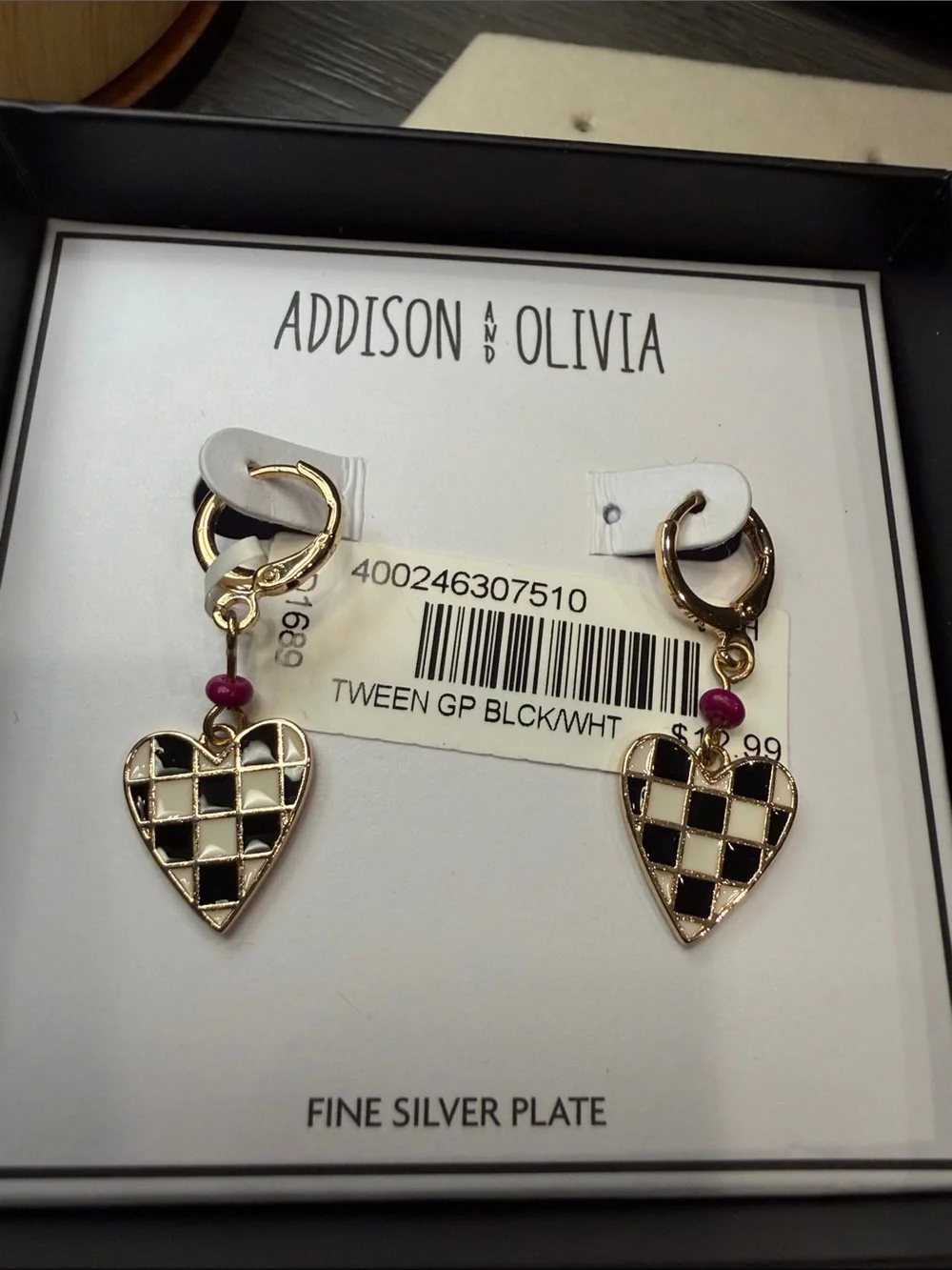 Gold Heart Drop Earrings with Black & White Checkerboard